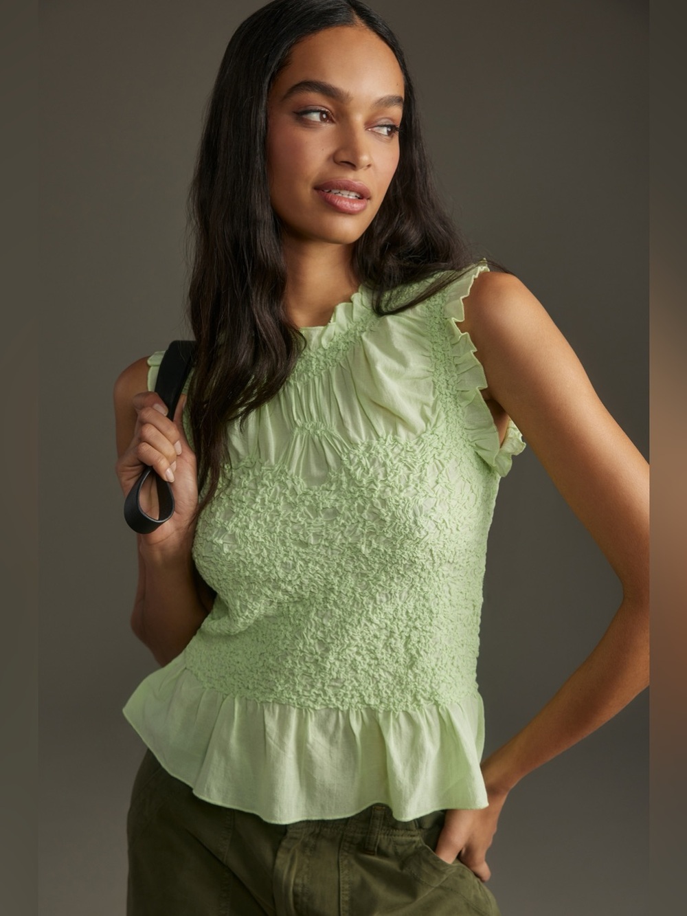 Anthropologie Light Green Ruffle Smocked Tank